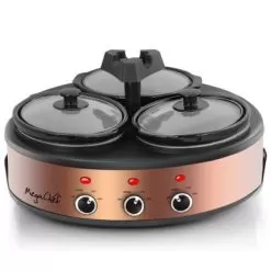 Round Triple 1.5 Qt Slow Cooker Server In Copper With 3 Ceramic Pots - Variable Temperature Control - Stoneware - 1-2 Quarts