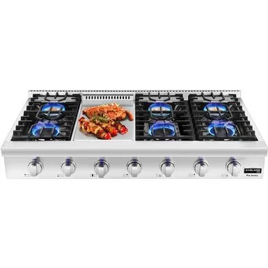 GASLAND Chef 48'' Gas Rangetop With Indicator Light 6 Deep Recessed Sealed Burners & Griddle Continuous Cast Iron Grates - Silver 3 GASLAND Chef 48'' Gas Rangetop With Indicator Light 6 Deep Recessed Sealed Burners & Griddle Continuous Cast Iron Grates - Silver